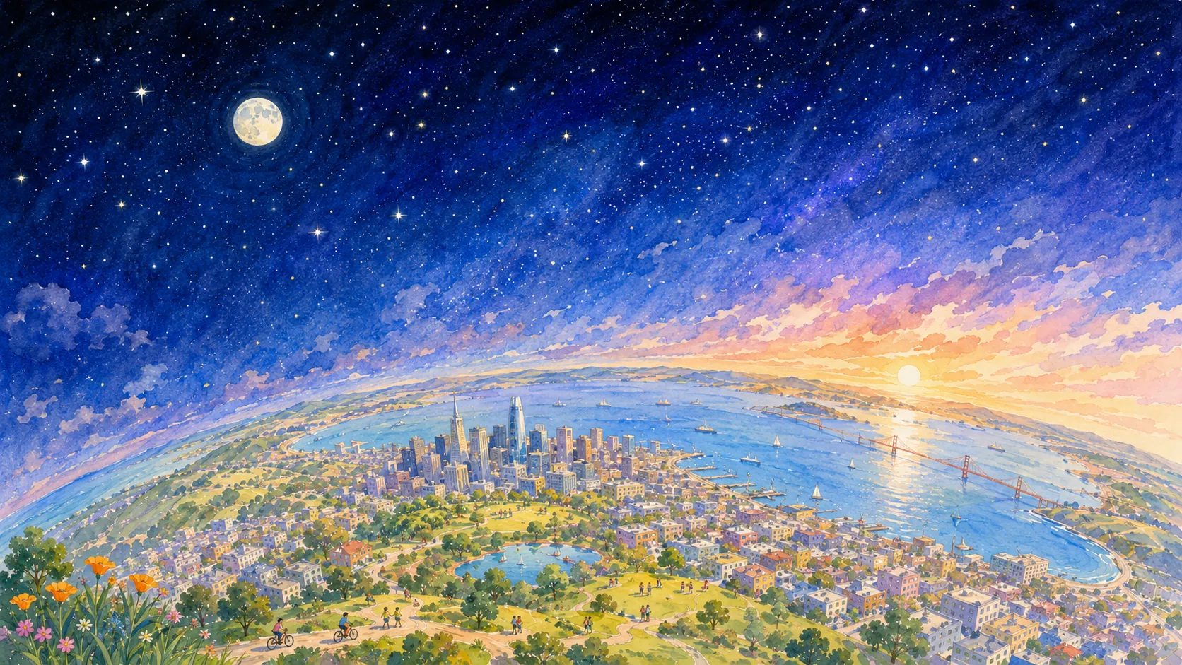 Eine Stadt aus der Höhe in der Dämmerung: Sternennacht auf der einen Seite, Tagesanbruch auf der anderen.